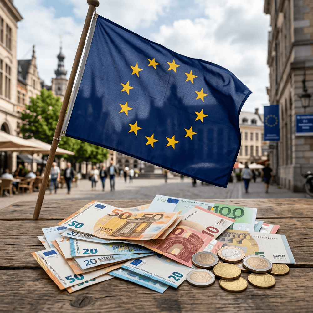 Euro banknotes and coins on a wooden surface with European Union flag behind