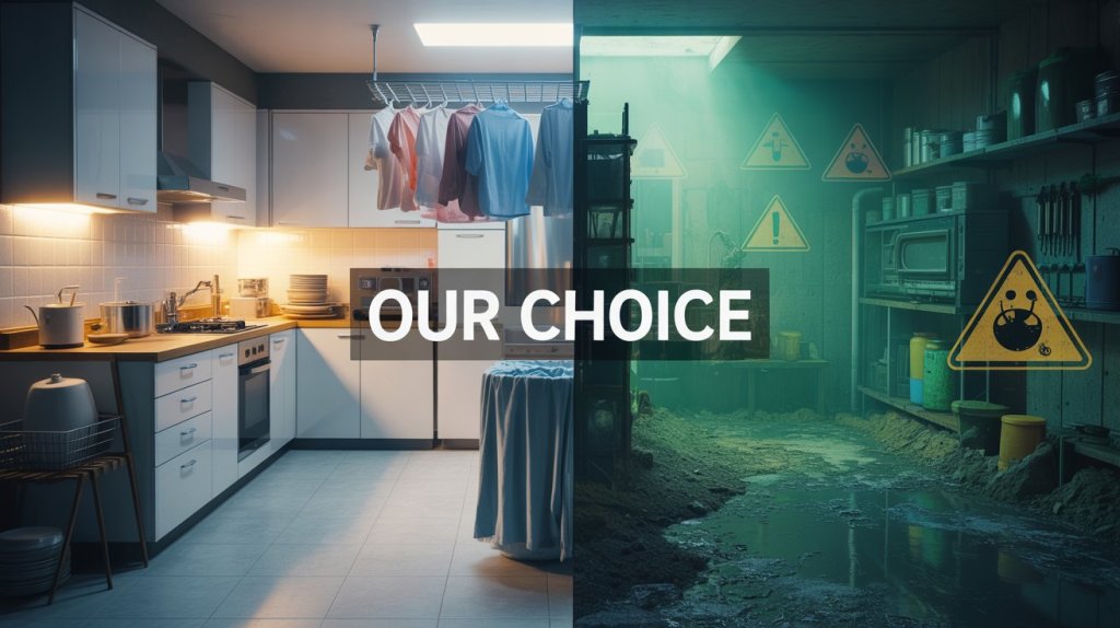 Split image showing a clean kitchen and laundry area contrasted with toxic chemicals and environmental pollution, symbolizing the hidden dangers of laundry detergents and dishwashing tablets.