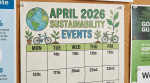 APRIL 2026 SUSTAINABILITY EVENTS poster listing community garden cleanups, repair cafes, and workshops.