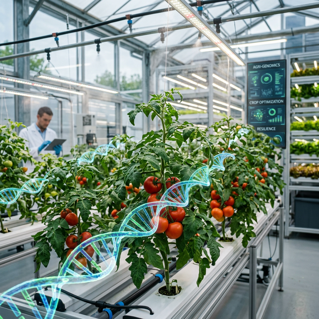 Tomato plants growing in a high-tech greenhouse with DNA helix overlay and scientist monitoring data on a tablet