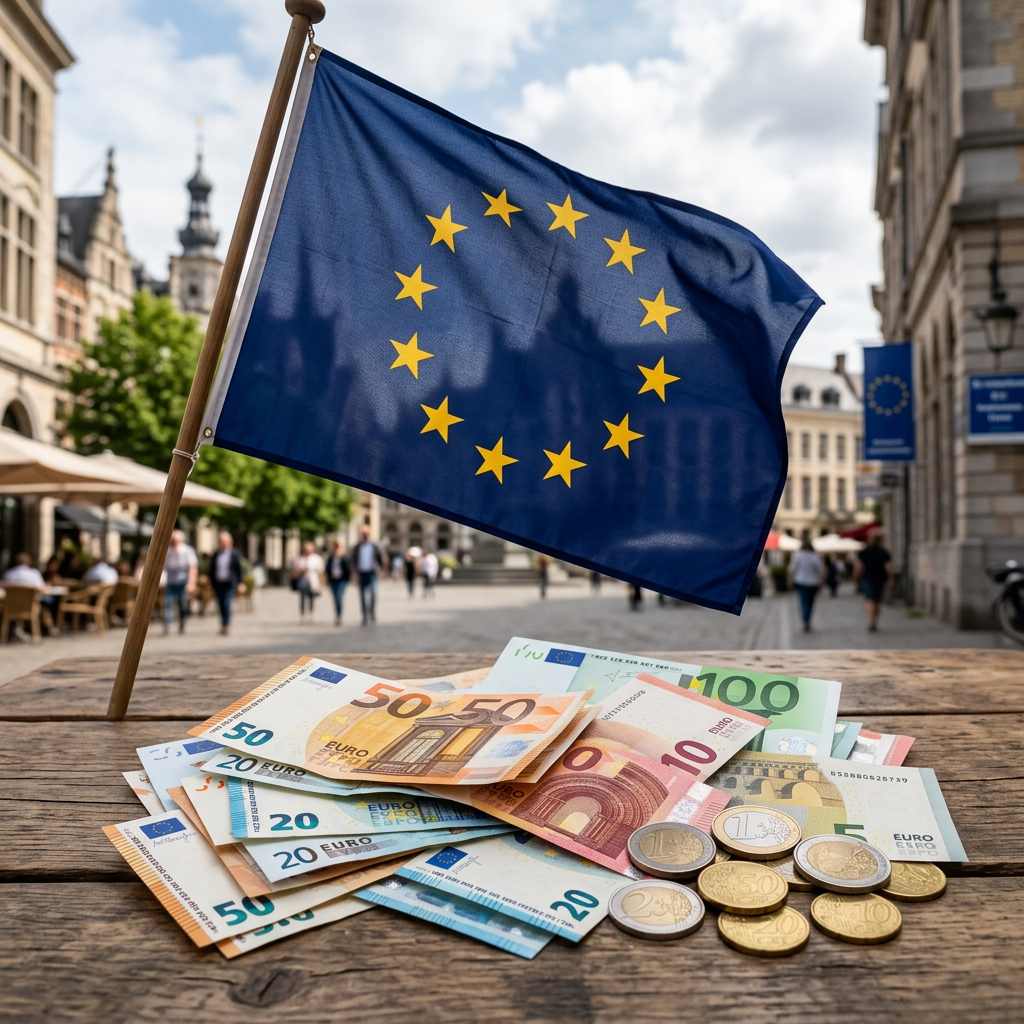 Euro banknotes and coins on a wooden surface with European Union flag behind