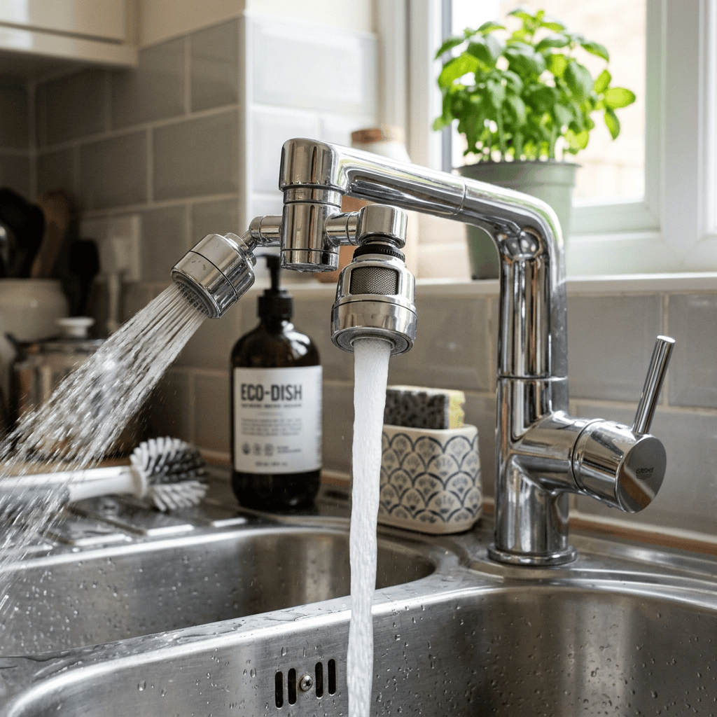 Modern kitchen faucet with two water streams running into sink