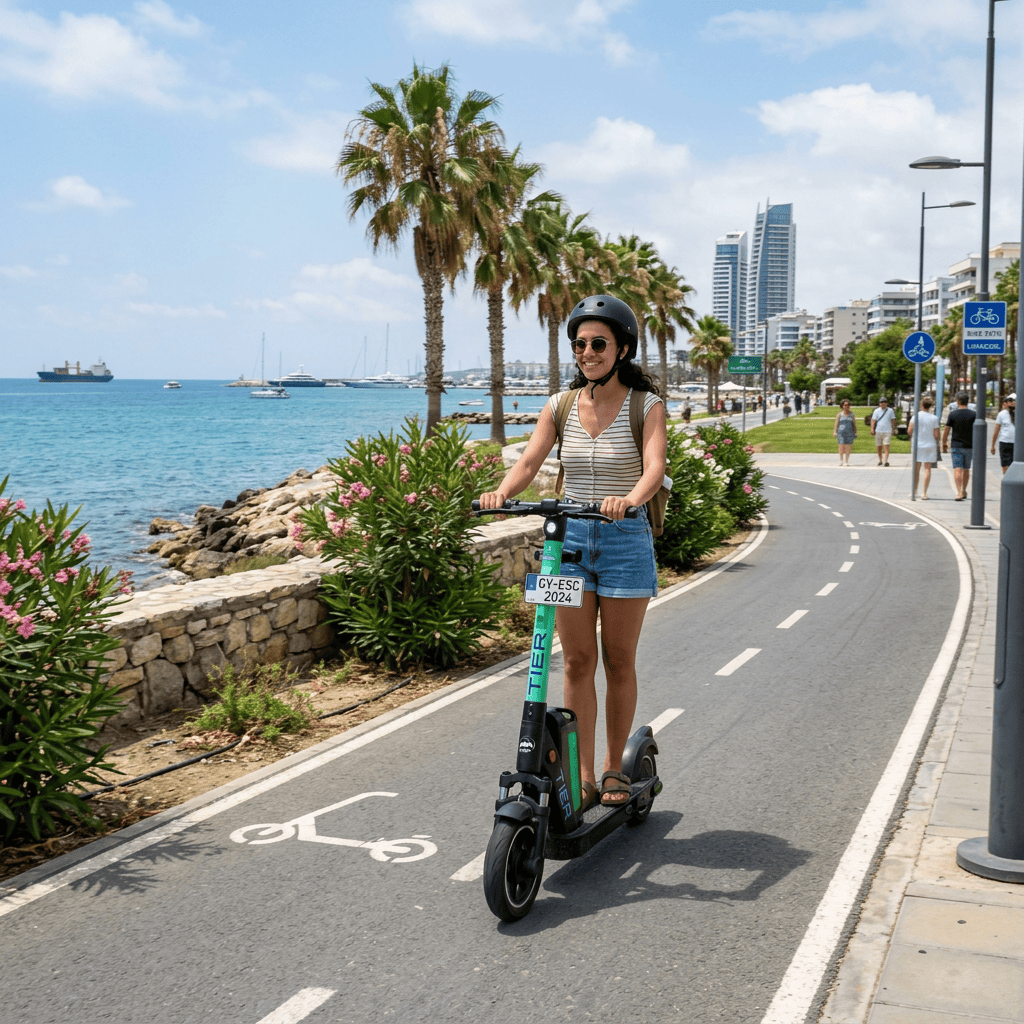 Woman riding an e-scooter on a palm-lined coastal bike path