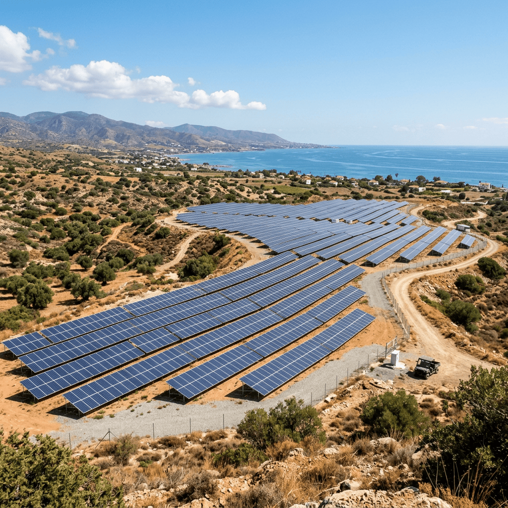 Solar panels covering a dry hillside beside a coastal village and sea